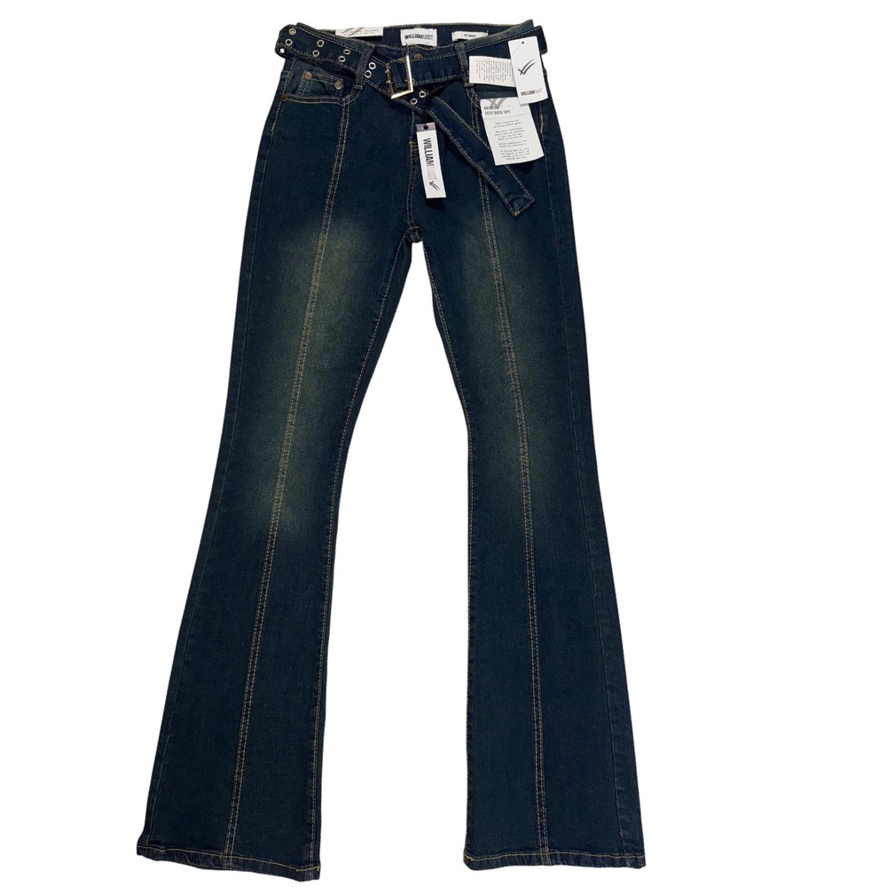 William Rast High Rise Flawless Flare Jeans Vintage Tint Grommet Belt 26 NEW
